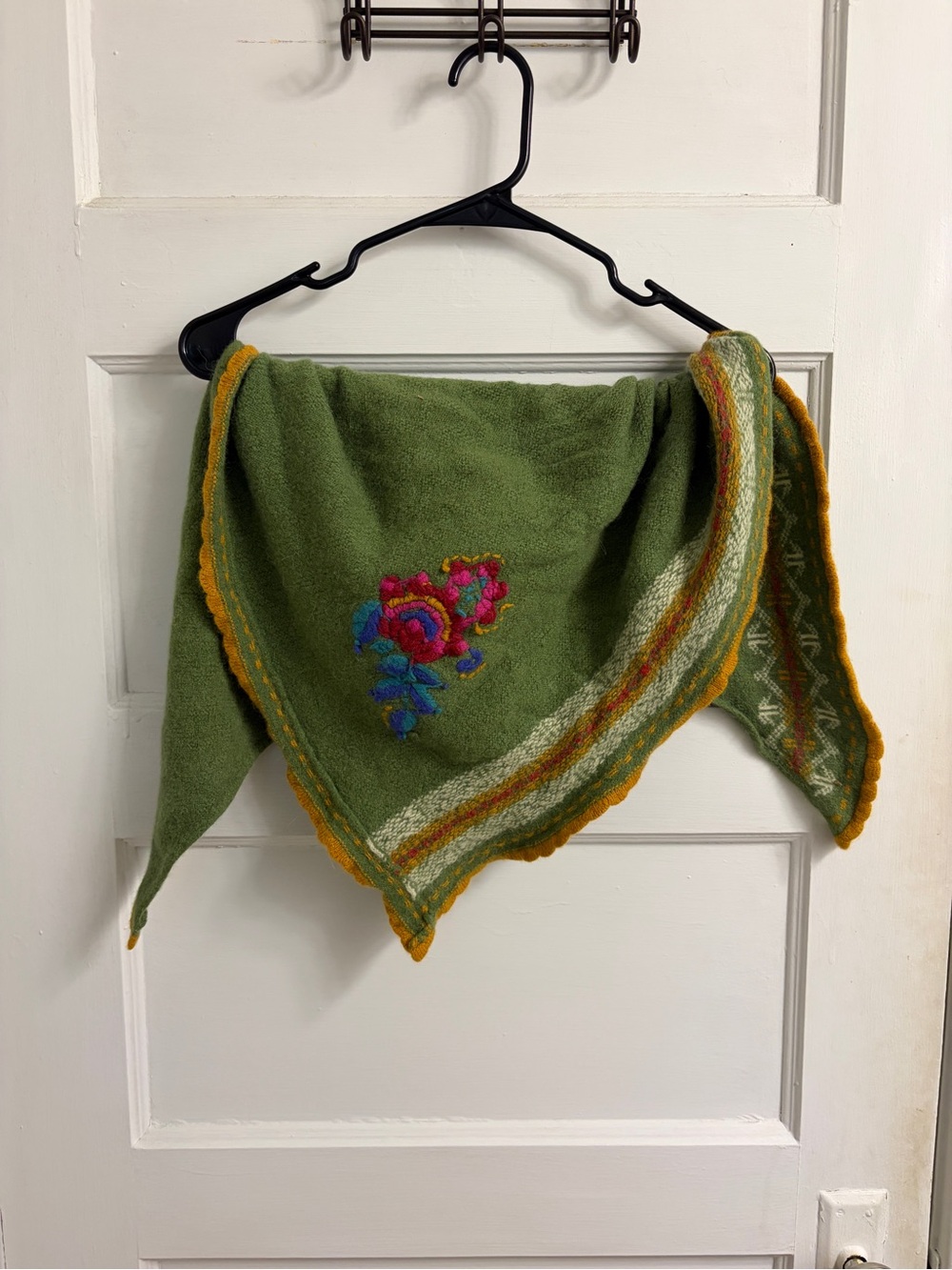 Gudrun Sjoden Green Wool Embroidered Triangle Scarf/Shawl with Yellow Trim